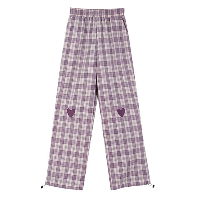 

2021 Vintage Purple Plaid Floral Women Bottoms Pants Fashion High Waisted Streetwear Ankle-Length Straight Pants Korean Japan