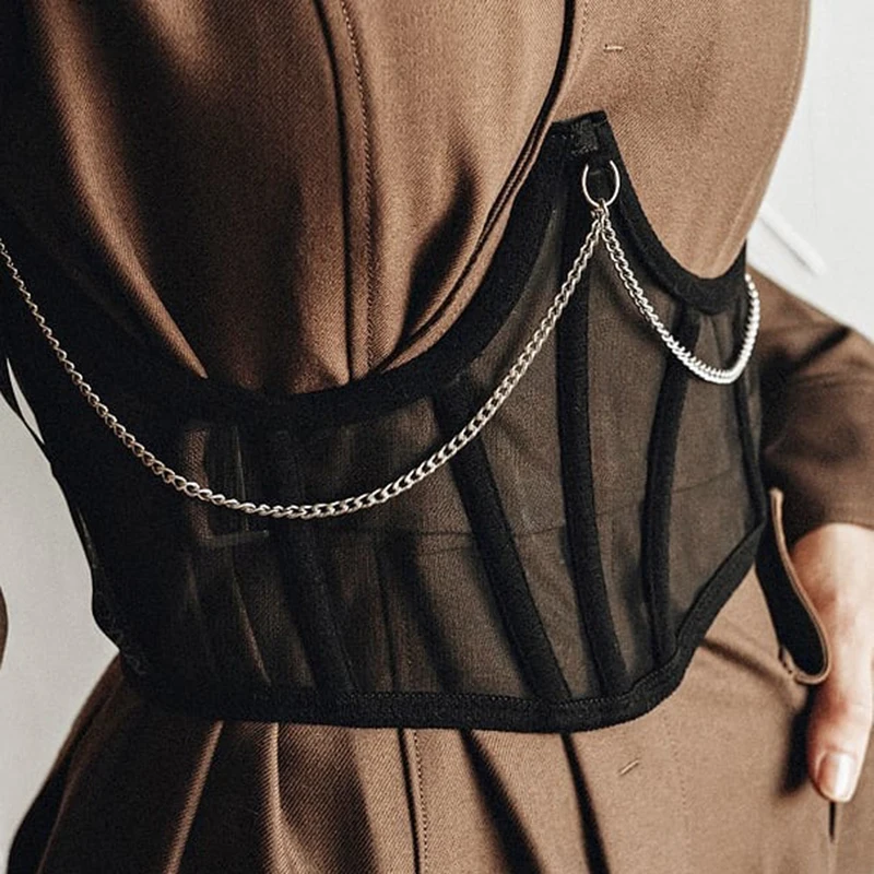 

Punk Metal Chain Black Corset Mall Goth High Waist Corsets Harajuku Vintage Mesh See Through Waist Shaper Corsets Cummerbunds