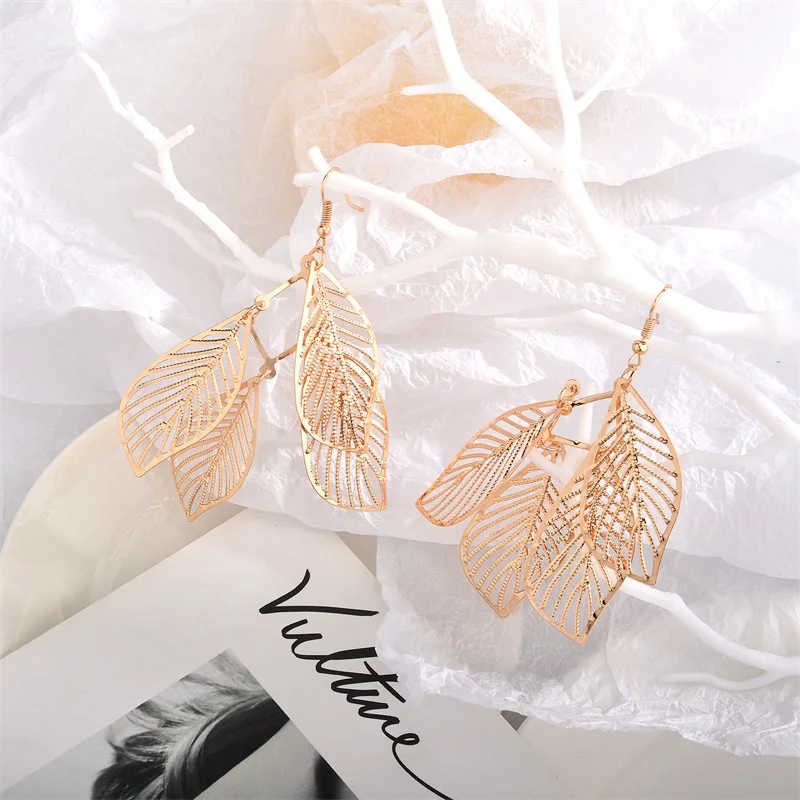 

Ethnic Style Retro Women's Earrings Simple Hollow Multilayer Leaf Earrings Long Tassel Earrings Gift Fashion Jewelry Wholesale