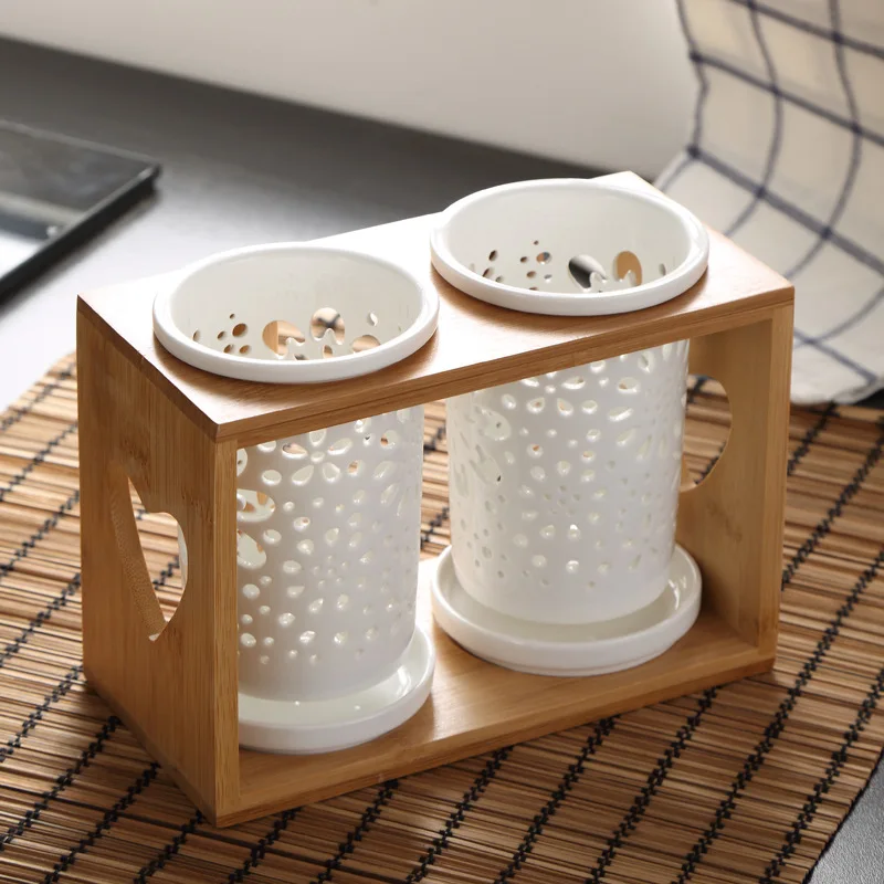 Wood Ceramic Chopsticks Bucket Double Cylinder Storage Rack Tableware Box Kitchen | Дом и сад