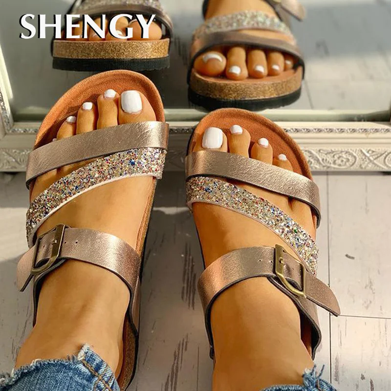 Шлепанцы женские в римском стиле Нескользящие сандалии на платформе 3 см плоская