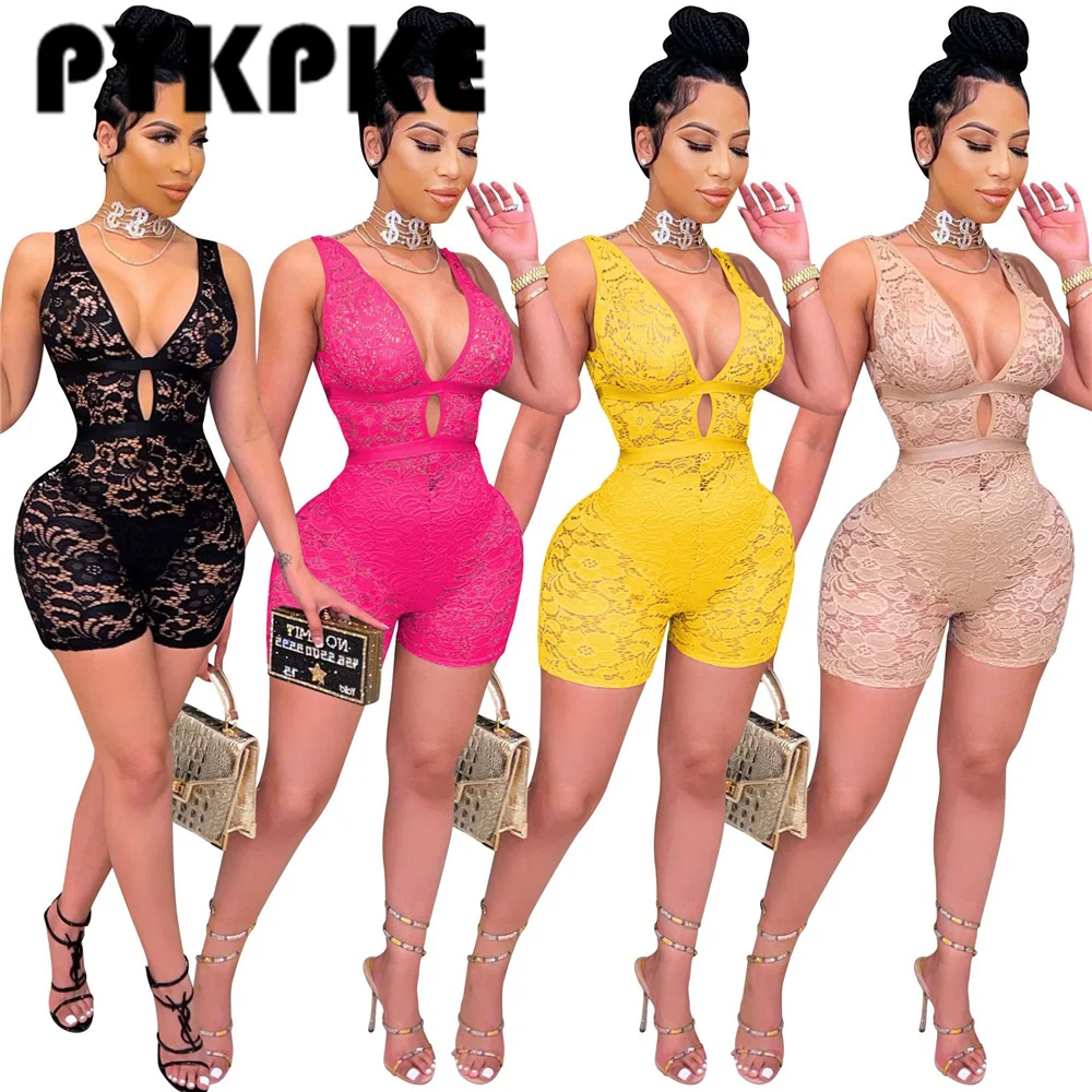 

Sexy Lace Mesh See Though Women's Romper Sleeveless V-neck Bodycon Skinny Playsuit Streetwear Basic Overall Outfit