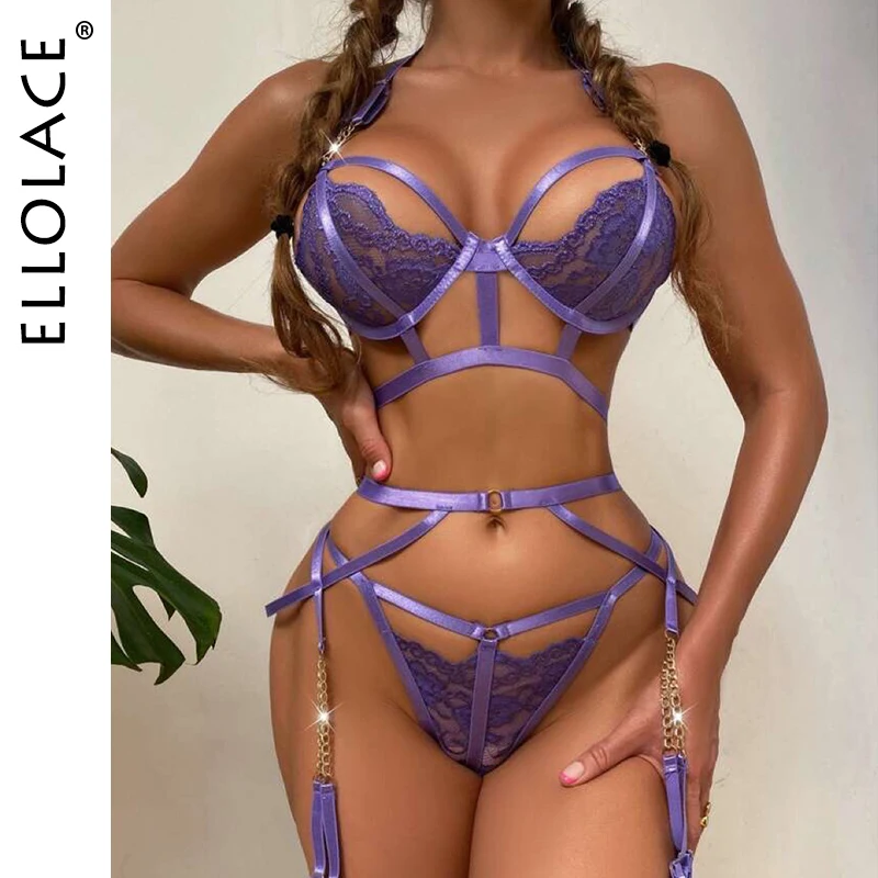 

Ellolace Sensual Lingerie Exotic Costumes Sexy Bottom Hollow Out Halter Bra 3-Piece Sissy Pornographic Erotic Garments