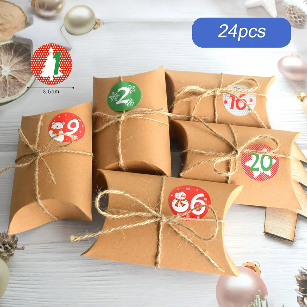 

24 шт. Рождественская коробка для конфет в виде подушки из крафт-бумаги, подарочные упаковочные коробки, мешки для конфет с веревкой, рождест...