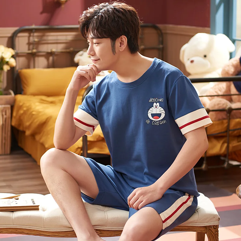 

Забавные Японские Аниме Doraemon, синие пижамные комплекты, новинка летней модели, удобный хлопковый мужской домашний костюм, крутая Пижама с к...