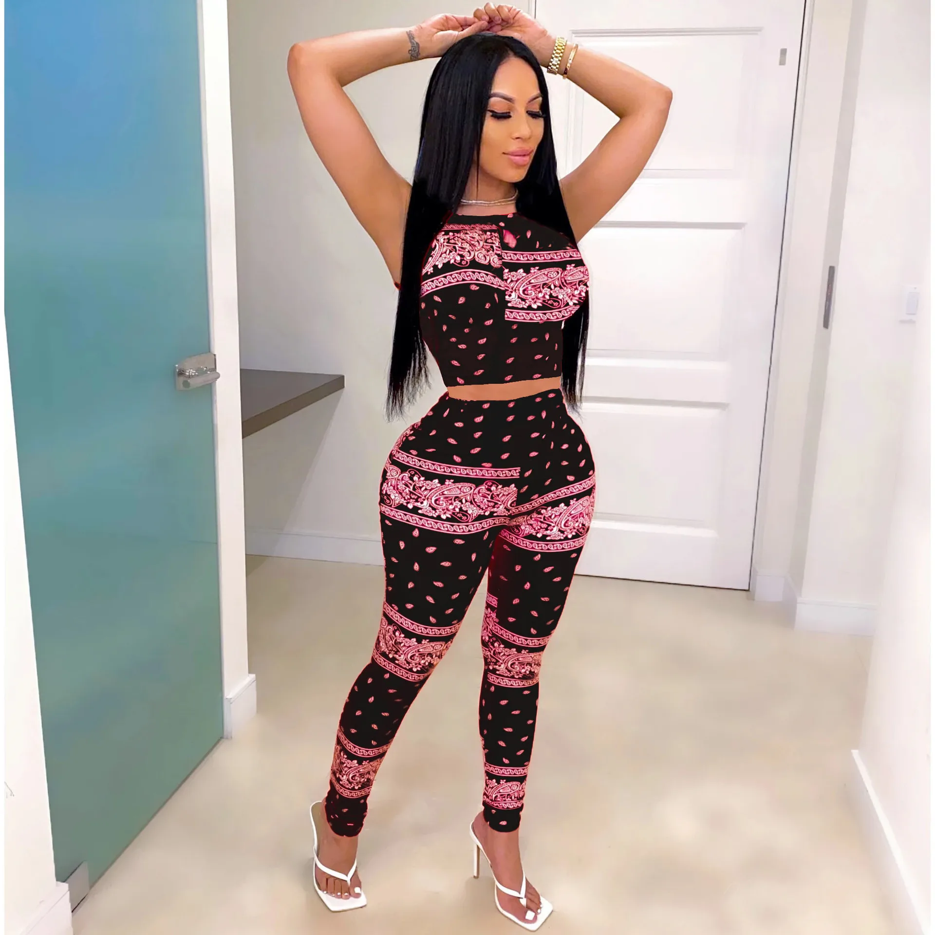 Женский костюм повседневный модный принт без рукавов с коротким рукавом брюки 2