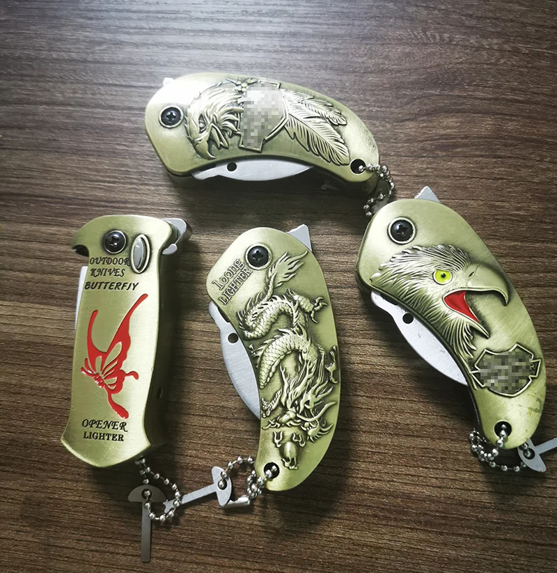 Креативная металлическая зажигалка с черепом газовая ветрозащитная ножом