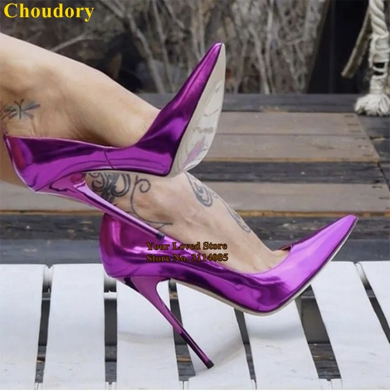 Красные фиолетовые серебристые глянцевые туфли-лодочки Choudory на шпильке