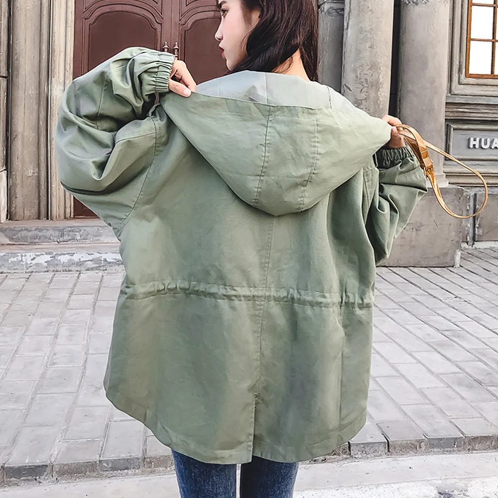 Женский свободный Тренч с капюшоном Повседневная ветровка зеленого цвета