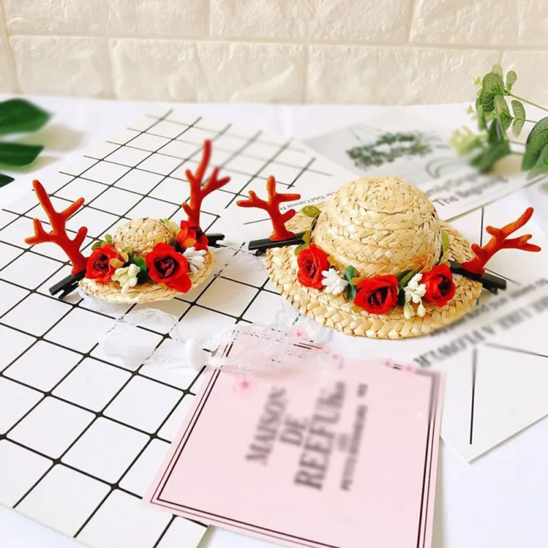

Christmas Pet Straw Hat Dog Cats Summer Sunhat Flower Cute Woven Straw Hat Detachable Antler Costume Accessory Birthday Gift