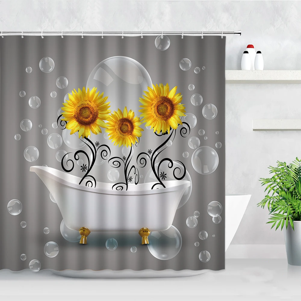

Занавеска для душа с 3D цветами, подсолнухами, желтые, белые, для ванны, черный фон, креативный водонепроницаемый декор для ванной комнаты, s