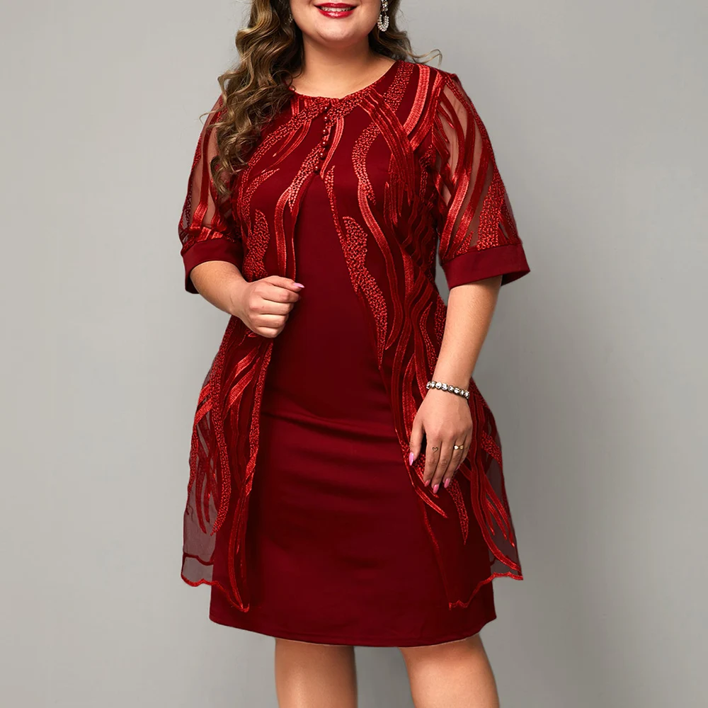 

Plus Size Dress Women Summer 3/4 Sleeve Red Ladies Midi Dresses Fashion Round Neck Fake Two Pieces Large Size Female Dress D30