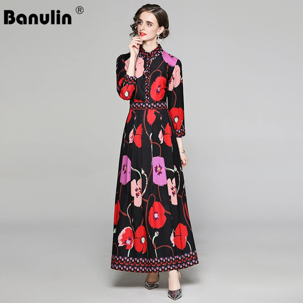 

Banulin New 2021 Spring Runway Long Dress Women's Turn Down Neck Long Sleeve Vintage Floral Print Casual Holiday Party Dresses