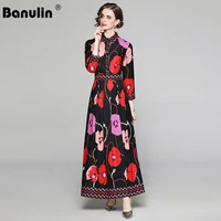 banulin new 2021 spring runway long dress womens turn down neck long sleeve vintage floral print casual holiday party dresses