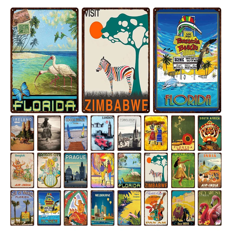 

Retro Abstract Zimbabwe Florida City Metal Tin Sign Hot-Selling Tourism Landscape Colorful Iron Poster Anti-Fading Decoration