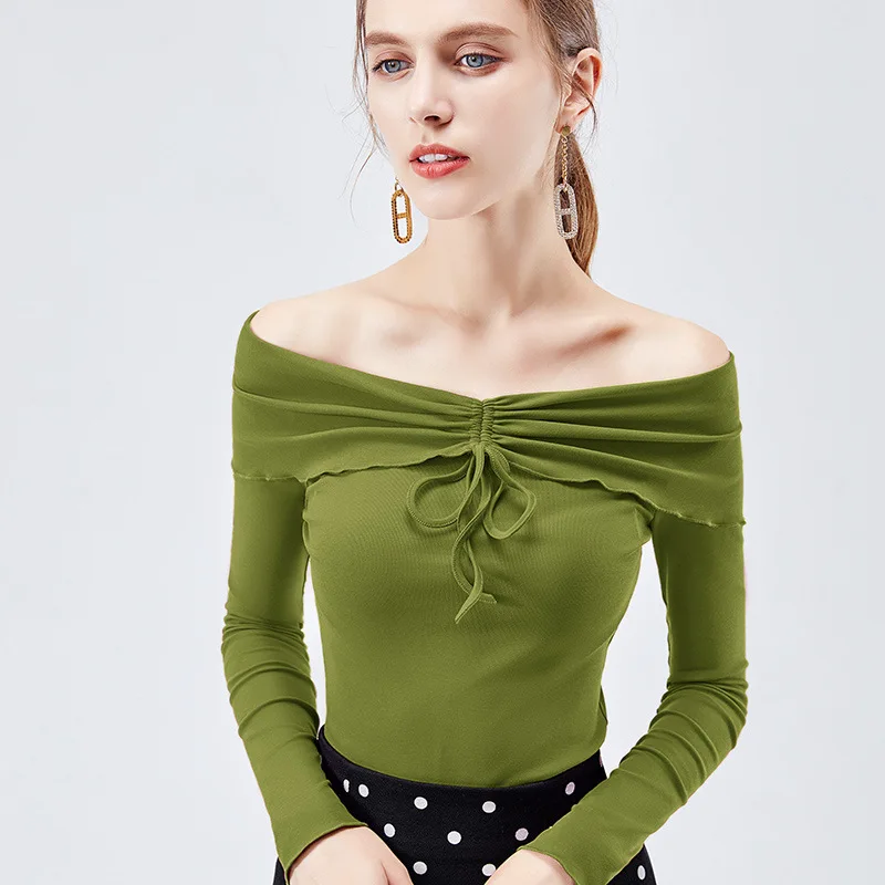 Осень новинка 2019 модные сексуальные с открытыми плечами топы футболки длинными