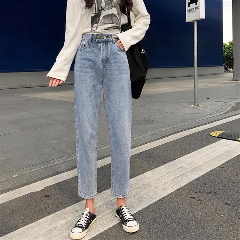 

HziriP Korea Slender Elastic Waist High Street Autumn Casual Solid Straight All-Match Loose Ankle-Length Denim Jeans Trousers