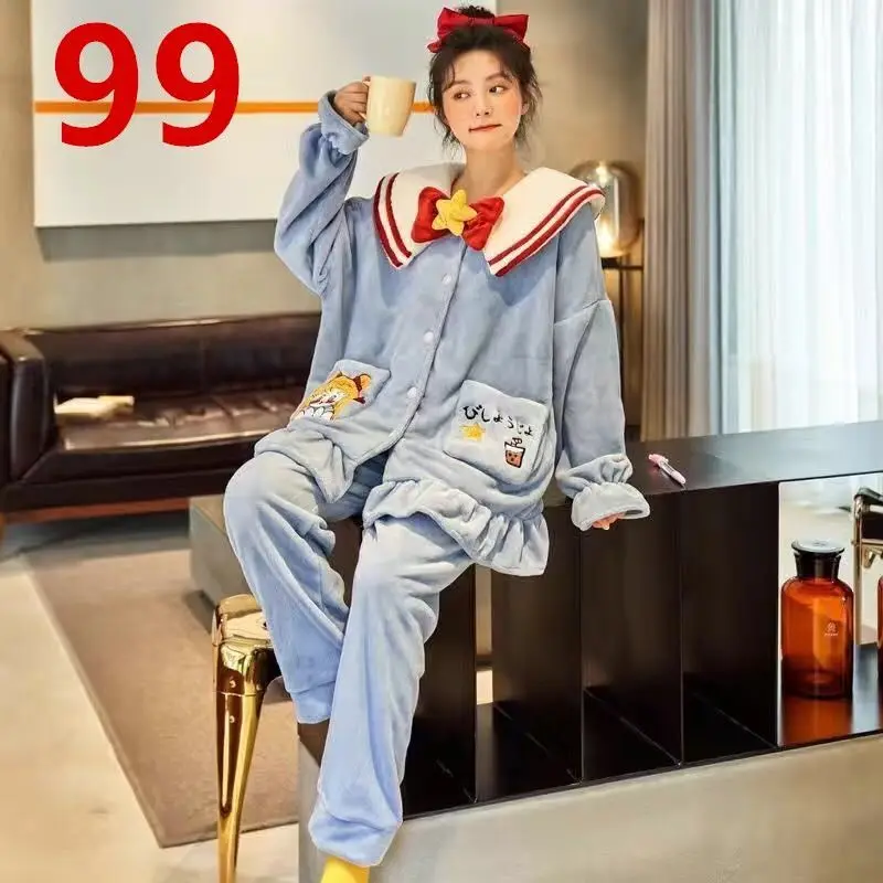 Pajamas Thickened Facecloth Female Winter Version of Cute Can Wear Outside The Spring Autumn Coral Velvet Home Furnishing Suit