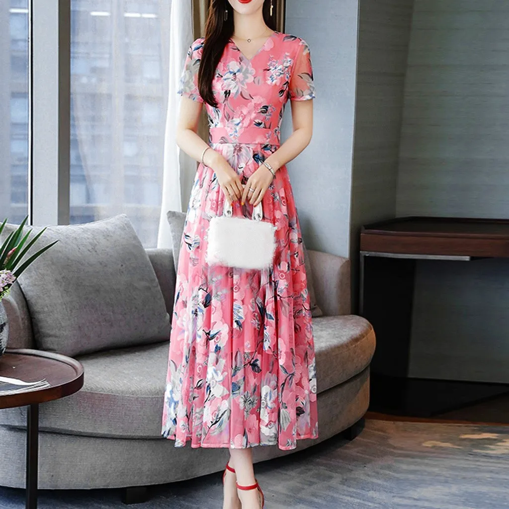 Printing Dresses For Women Fashion Summer O-neck Knee Length Short Sleeve Printing Dress Elegant Skirt Gift Ensemble Alt Clothes