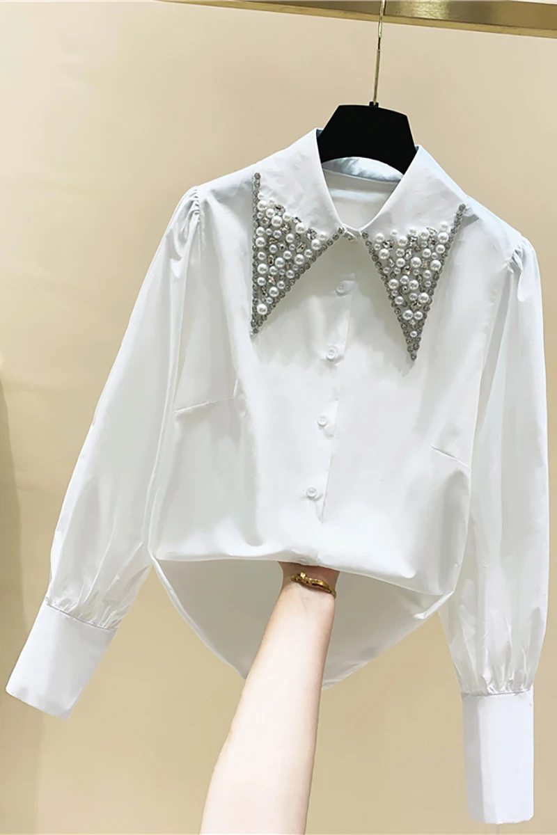 

Beaded Diamond Peter Pan Collar Full White Shirt 2020 Autumn Winter New Design Loose Blouse Women
