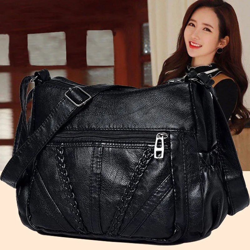 

Fashion Designer Women Crossbody Bag Black Soft Washed Leather Shoulder Bag Patchwork Messenger Bag Small Flap Bag for Girls