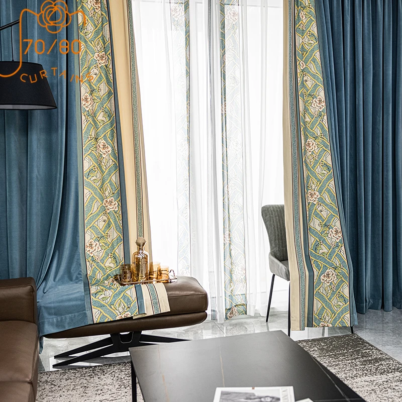 High-end Chinese Printing Stitching Velvet Blackout Curtains for Bedroom and Living Room Finished Products Customization
