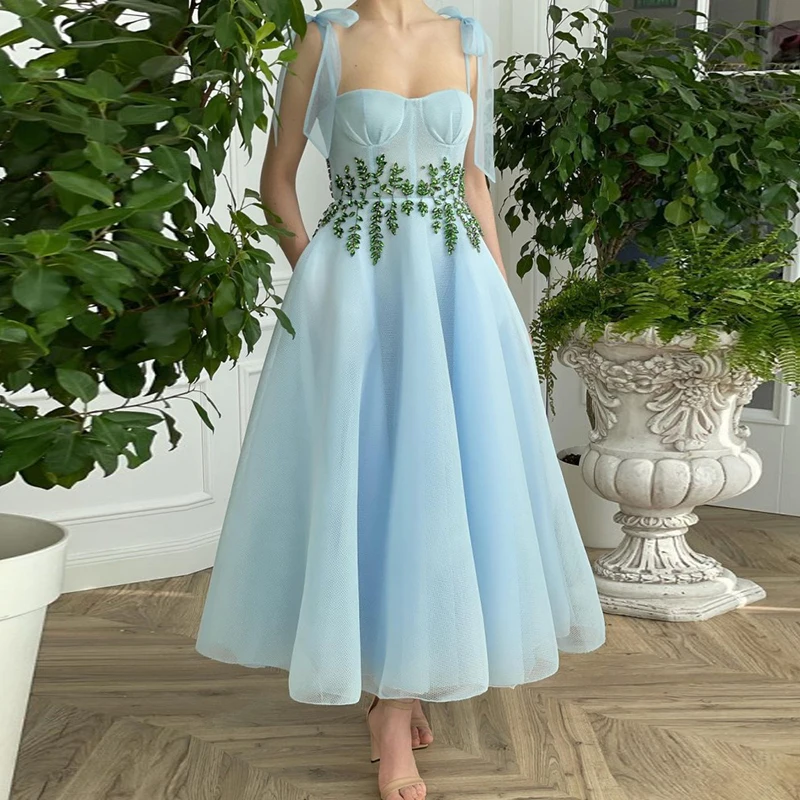 LORIE Blue Prom Dresses 2021 A-Line Spaghetti Strp Beaded Tea Length Party Gown Robes de cocktail Dress for Teens Free Shipping
