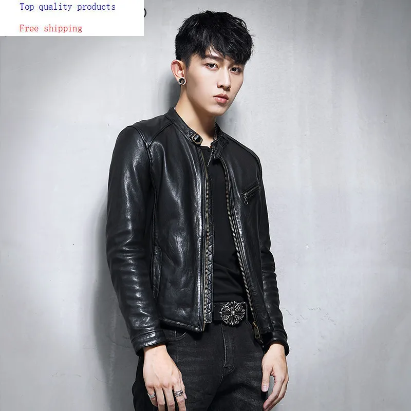 Мужская мотоциклетная куртка из натуральной овечьей кожи в винтажном