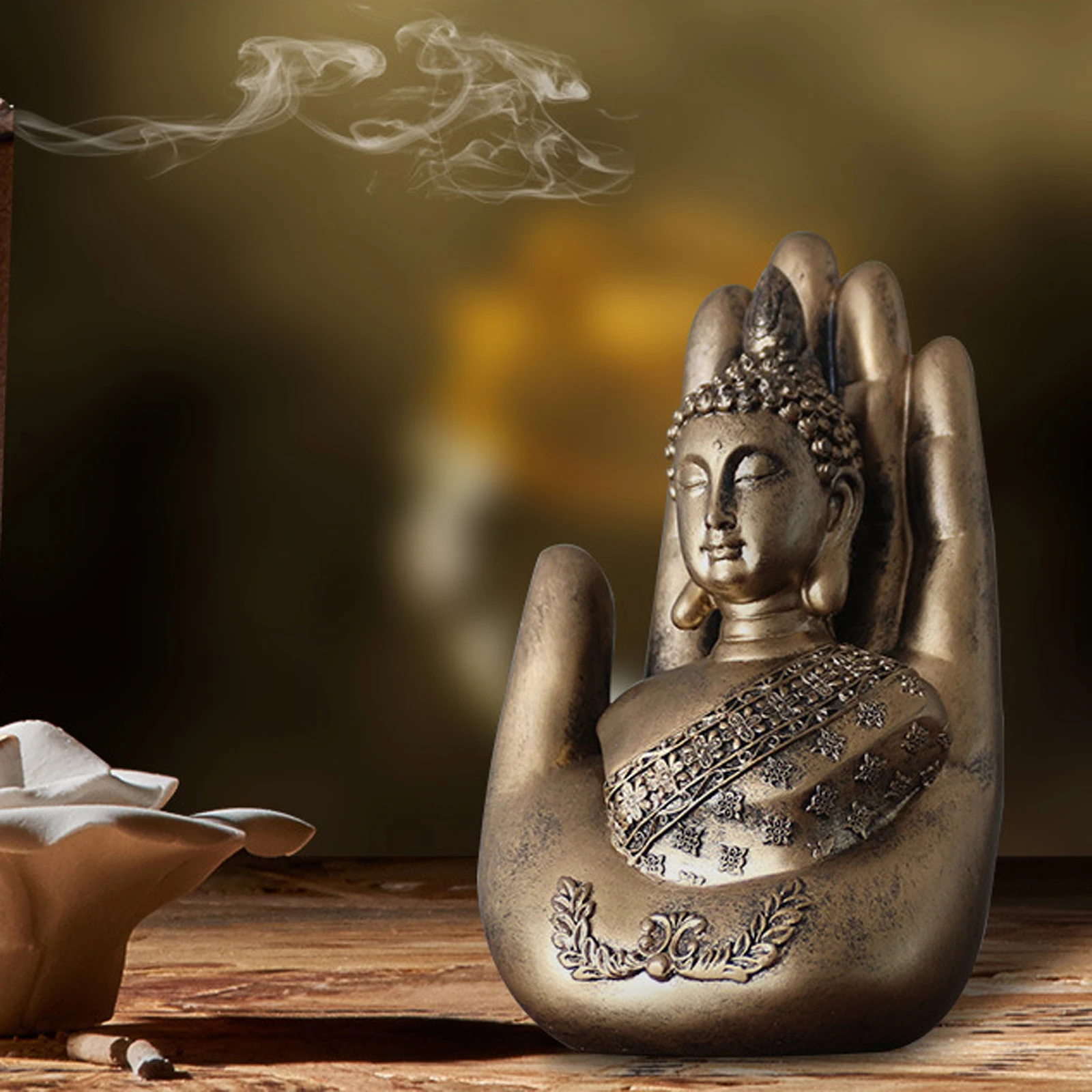 

Desktop Decor Palm Buddha Shaped Resin Artware Decorative Statue Home Decorations for Sitting Room Office, Golden