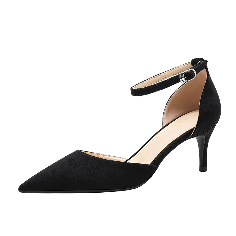 

All-Match Clear Heels Velvet Shoes 2021 Sandals Suit Female Beige Buckle Strap Large Size Med Suede New Black Girls Comfort Low