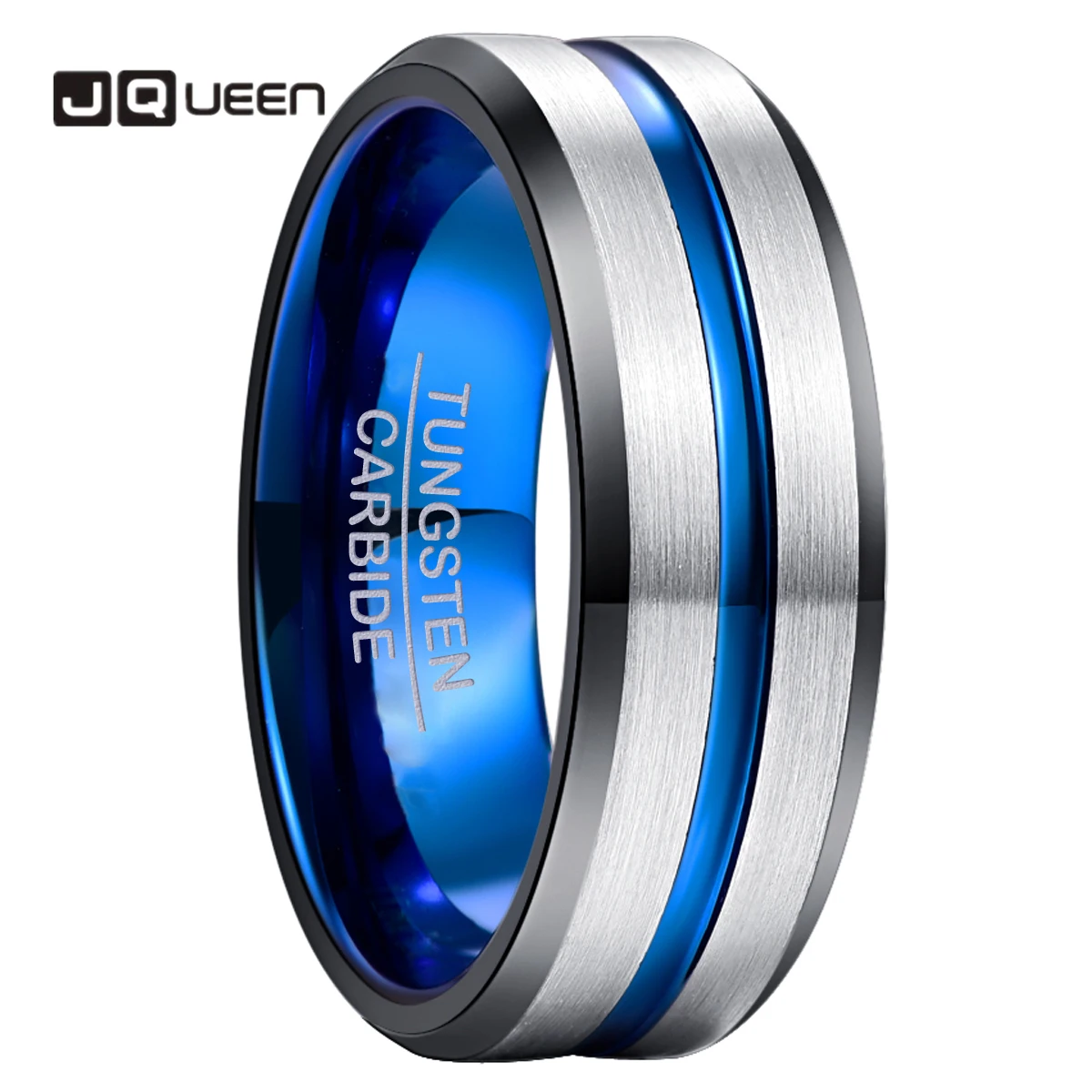 

JQUEEN 8mm Tungsten Men's Ring Black Electroplated Inner Ring Bevel + Blue Groove / Steel Frosted Tungsten Steel Ring