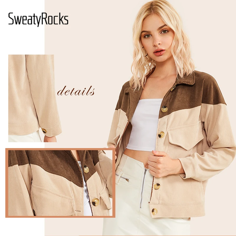 SweatyRocks двухцветная Вельветовая куртка с двойным клапаном спереди, уличная одежда, женские куртки цвета хаки, осень, однобортные повседневные пальто