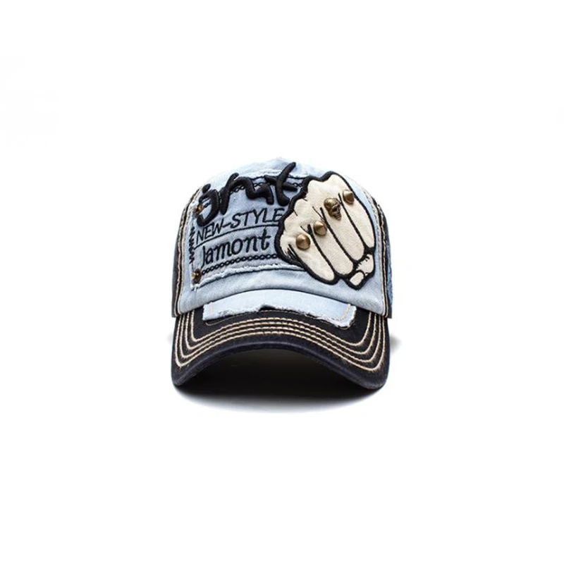 JAMONT Men Women Denim Wash Cotton Baseball Cap Fist Embroidery Rivet Vintage Do Old Snapback Cap Hip Hop Hat Fashion Casquette