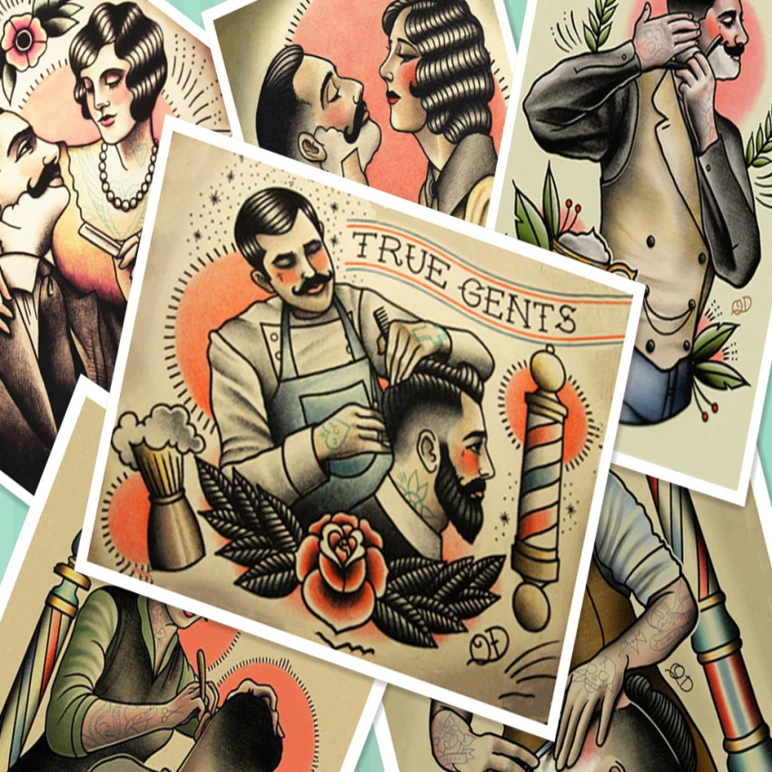 Ретро парикмахерские татуировки Узорчатая крафт бумага постер Парикмахерская