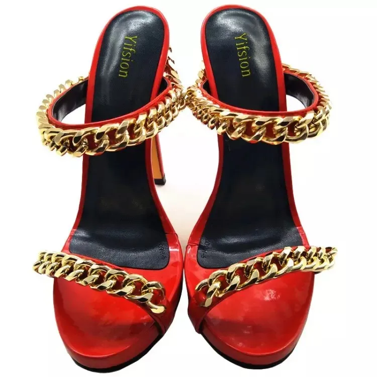 

Summer Luxury Chain High Heel Sexy Women's Sandals 2021 New Fashion Slippers Banquet Party Fine Heel Super High Size 36-43