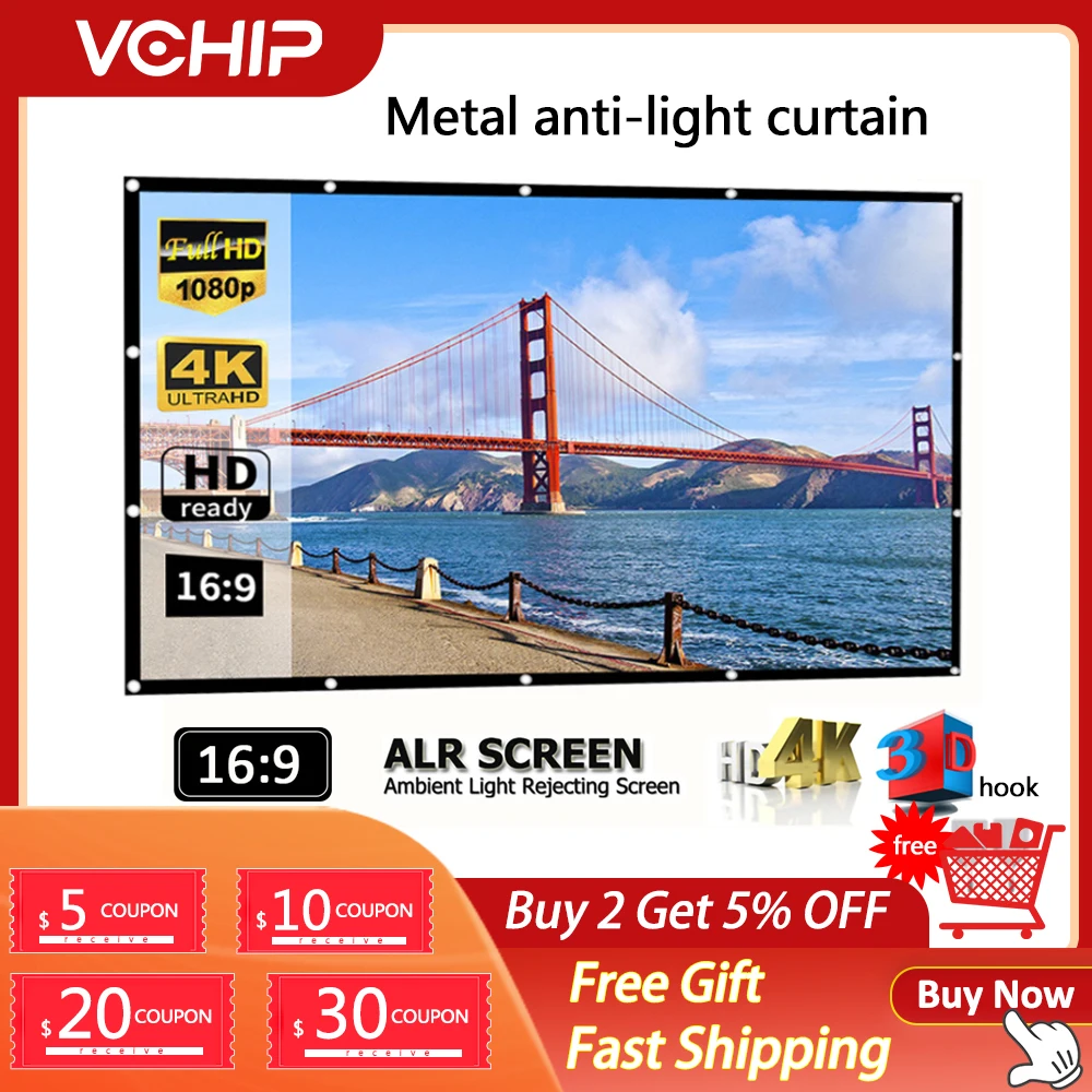

VCHIP Projector Screen 16:9 Anti-Light Curtain Screen Portable 4k LED 100 120 133 Inches For Home Theater Office Outdoor