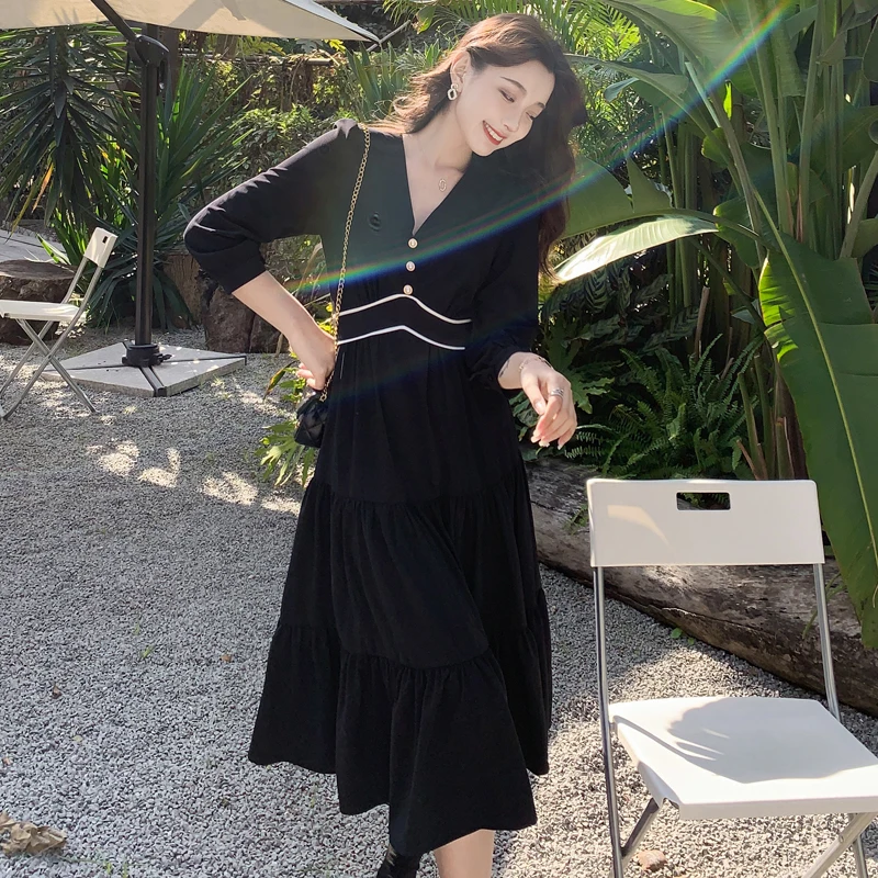 

Make spot good quality spring, summer, French retro black dress, 7 minutes of sleeve show thin waist skirt platycodon