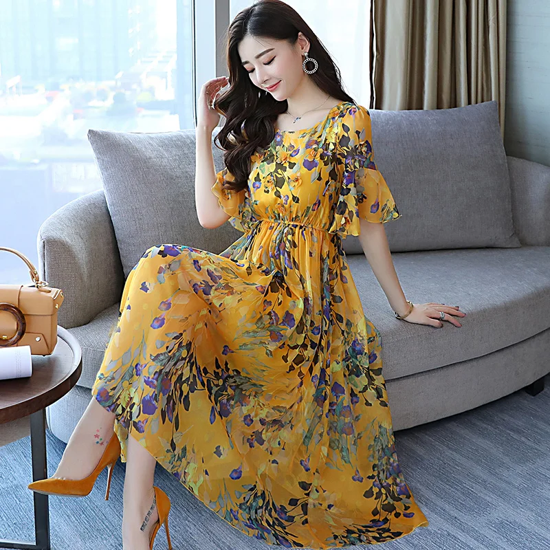 Летнее шифоновое женское пляжное богемное платье с цветочным рисунком