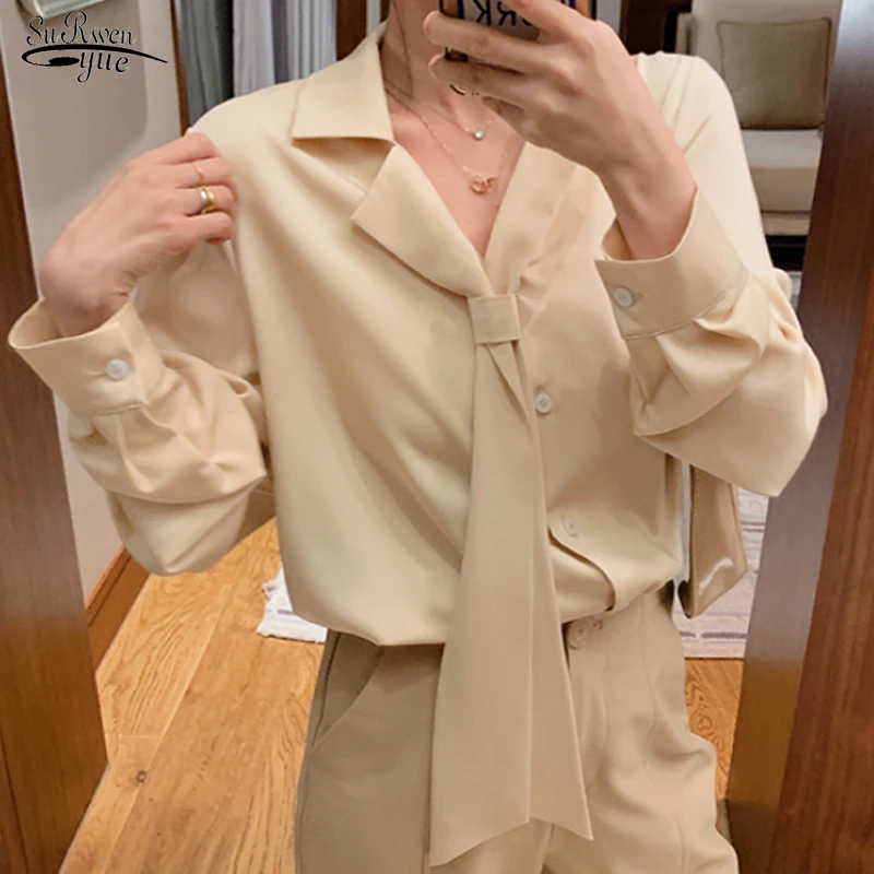 

2021 Chiffon Tops Solid Loose Long Sleeve Vintage Elegant Tie Spring Clothing Women Tops and Blouse Blusas Mujer De Moda 13503