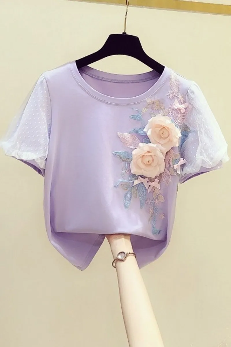 

Embroidery Flower Mesh Puff Sleeve T-shirt Female Tops 2021 Summer New Casual Top Women Purple T-shirt Students T Shirt Tees