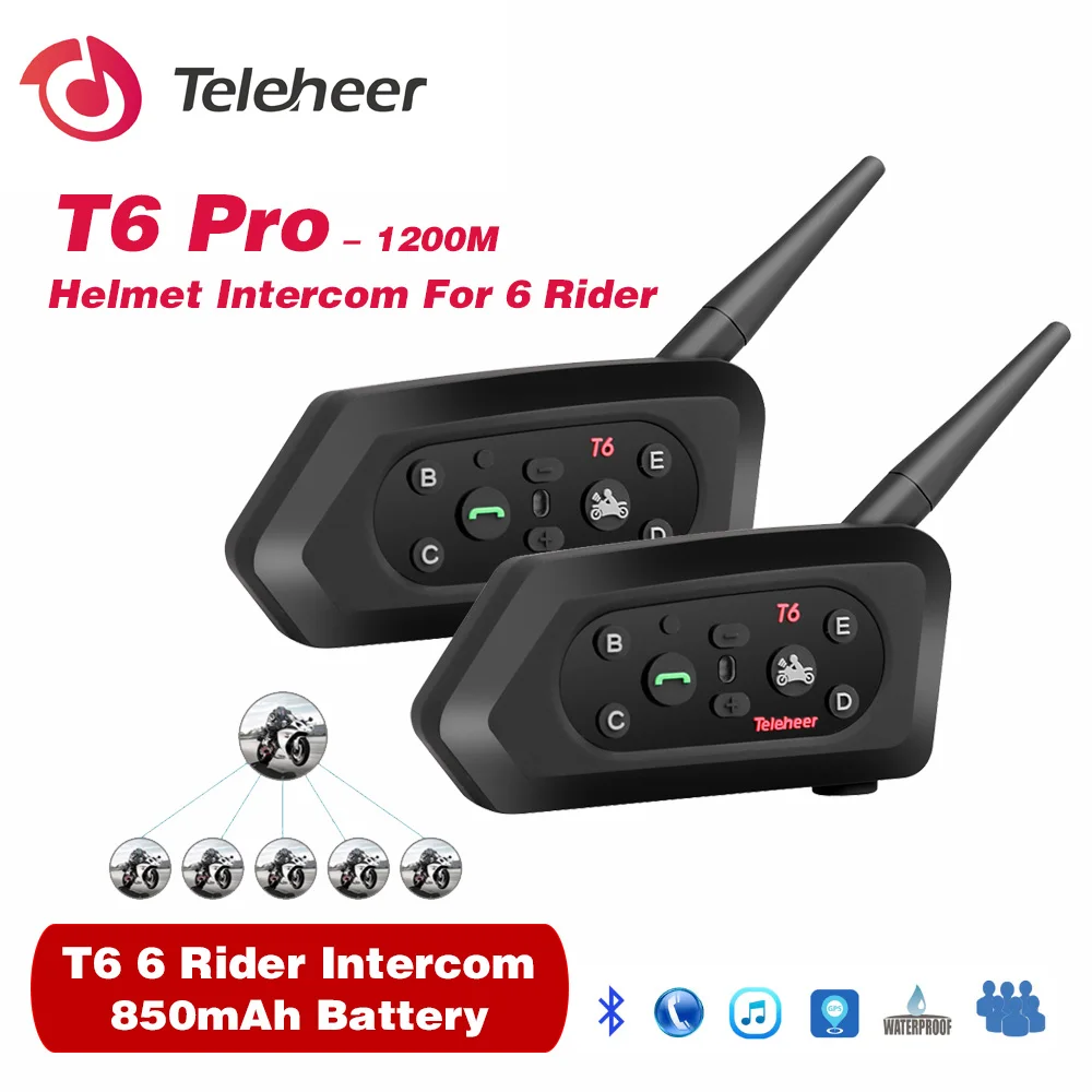 

Teleheer T6 Bluetooth Motorcycle Intercom Helmet Headset 6 Riders 1200m Communicator Interphone