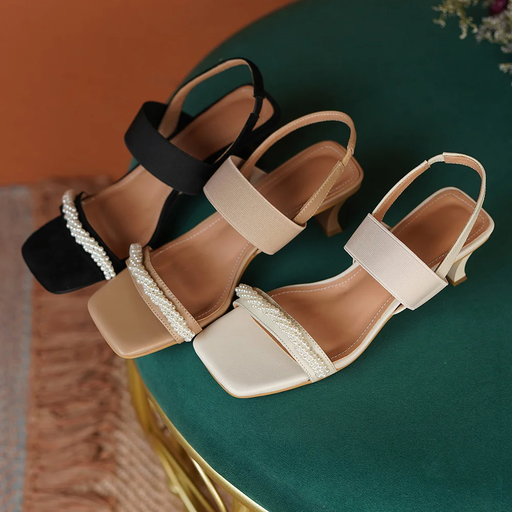 

Kickway Pearls Open-Toed Sandals For Woman Genuine Leather Thick Heels Pumps 2021 Summer New Wolking Wedding Shoes Woman Sandals