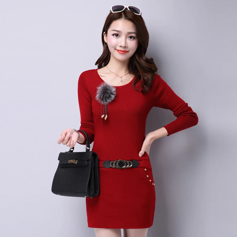

2020 autumn and winter new women in the long section of the first set of sweater dress knitted shirt plus velvet thickening