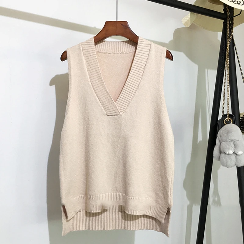 

Women Autumn Solid V-Neck Knitted Sweater Vest Sweet Loose Korean Pullovers Oversized Sleeveless Sueter Vest Tops Female