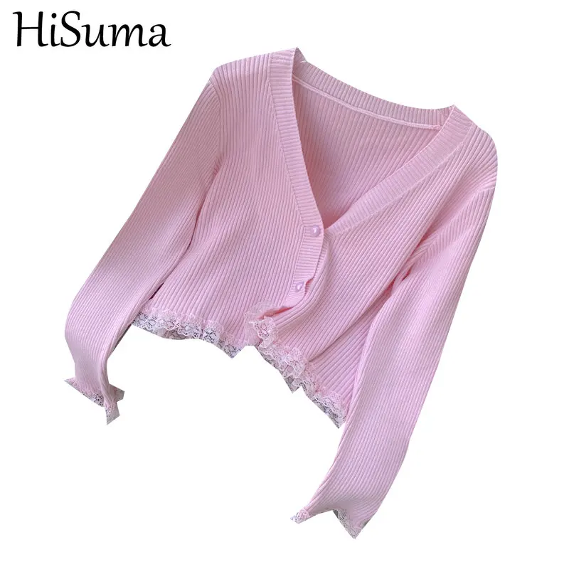 

Весенне-осенний женский кардиган HISUMA с расклешенными рукавами и V-образным вырезом, базовая вязаная кружевная рубашка с оборками на пуговиц...