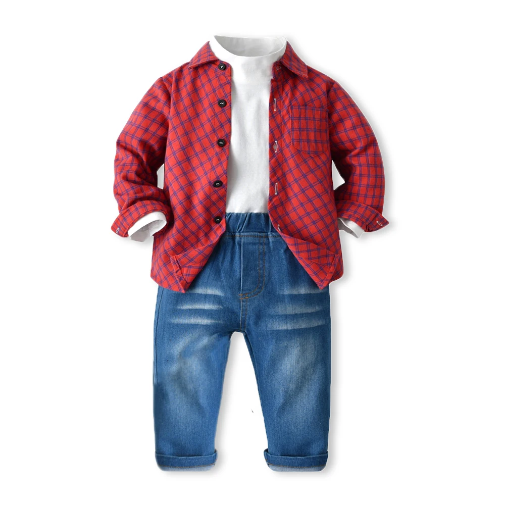 

Комплект для мальчиков от 1 до 6 лет, осенняя хлопковая красная клетчатая рубашка + белая футболка + джинсы, детская одежда, детский праздничн...