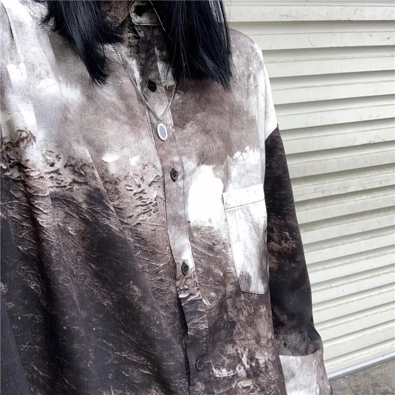 

Harajpoo Women Shirt 2021 Spring Autumn Korean Ins Trendy Ladies Personalized Dirty Tie-Dye Design Retro Hong Kong Style Blouses