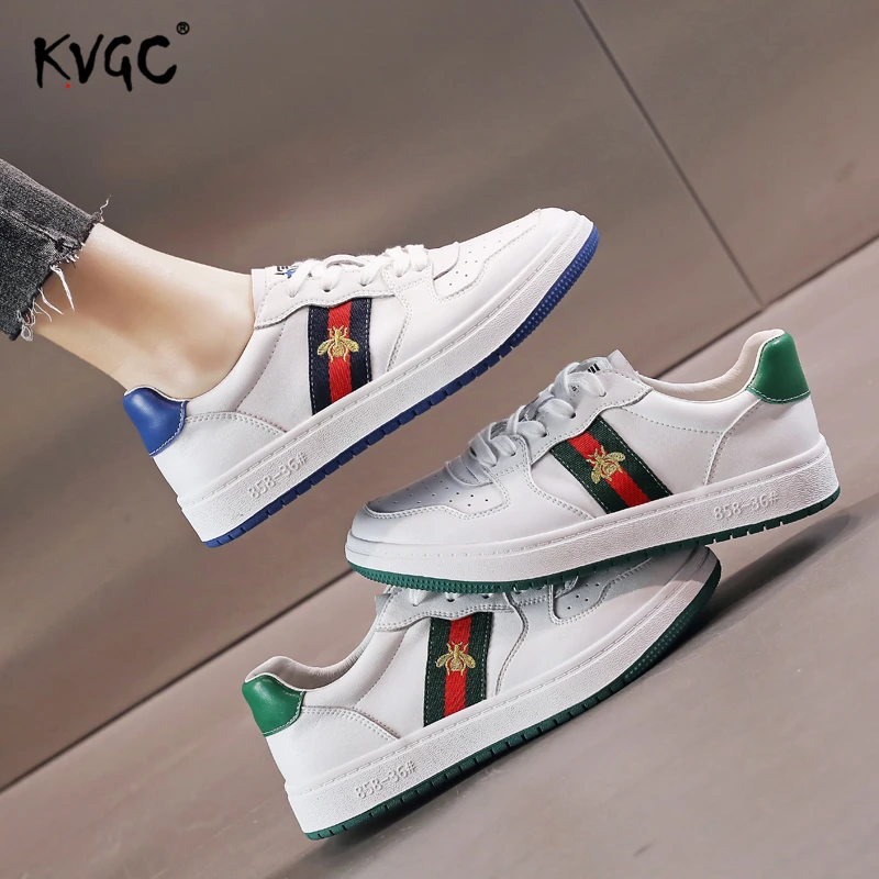 

KVGC Top Quality Woman ACE-Embroidery Classic Bee Shoes White Tiger Snake Stripe Black Women Leather Sneaker Skateboard Shoes