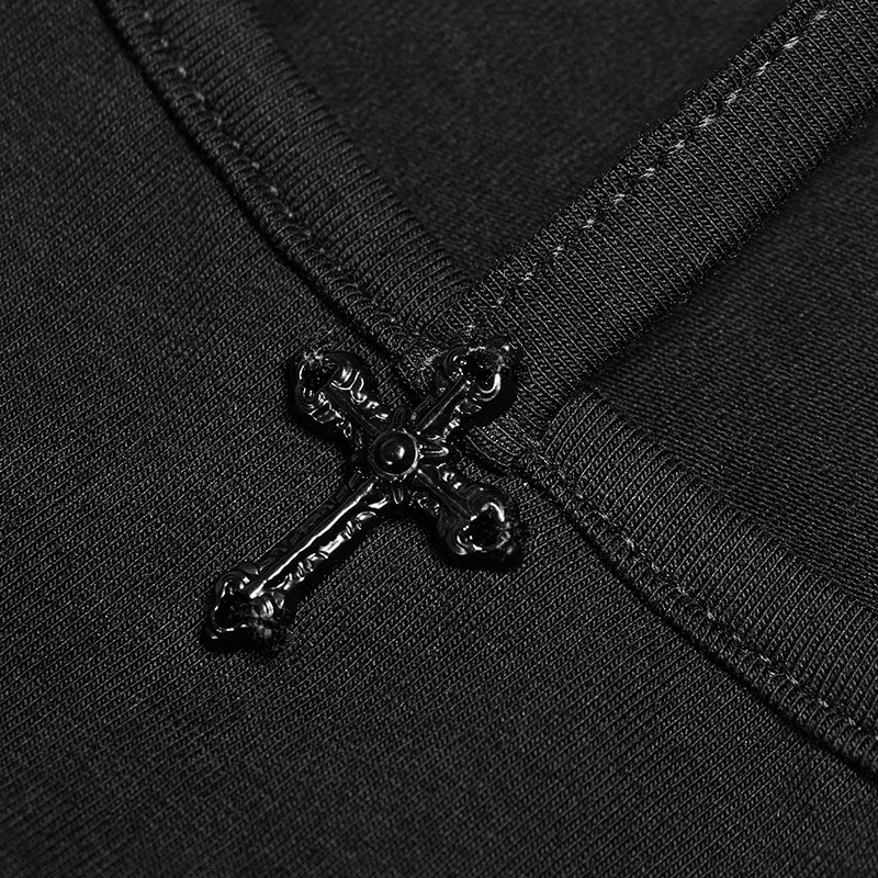 

PUNK RAVE New Women Gothic Bat Messenger Knitted Long Sleeves T-Shirt Punk Stretch-Knit Tees Metal Cross Tops Rope Adorned Shirt