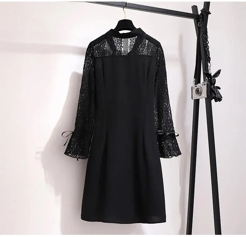2XL-6XL женское кружевное платье большого размера осенние повседневные свободные офисные платья больших размеров Большие размеры 5XL Женские черные кружевные рабочие платья